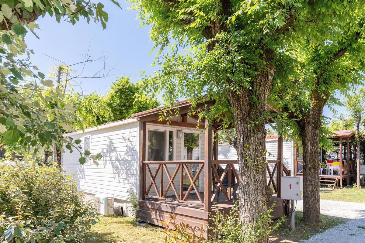 A small wooden cabin with a porch, surrounded by trees and vegetation.