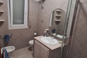 Shower, hair dryer, bidet, towels