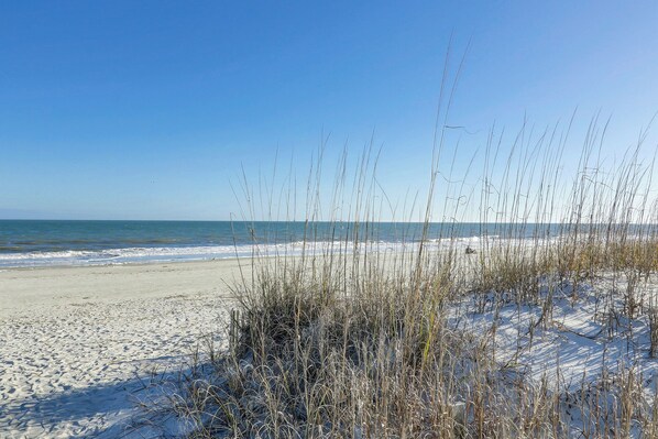 A beach with sand and sparse vegetation. - Sunset Rentals | Island Club 5502 (Hilton Head Island)