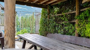 Un banc en bois placé sous une tonnelle en bois, avec une clôture en métal et de la verdure en arrière-plan.