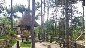 A rustic lodge with a thatched-roof structure, surrounded by a stone pathway and a wooden fence. - Sagada Heritage Village (Sagada)