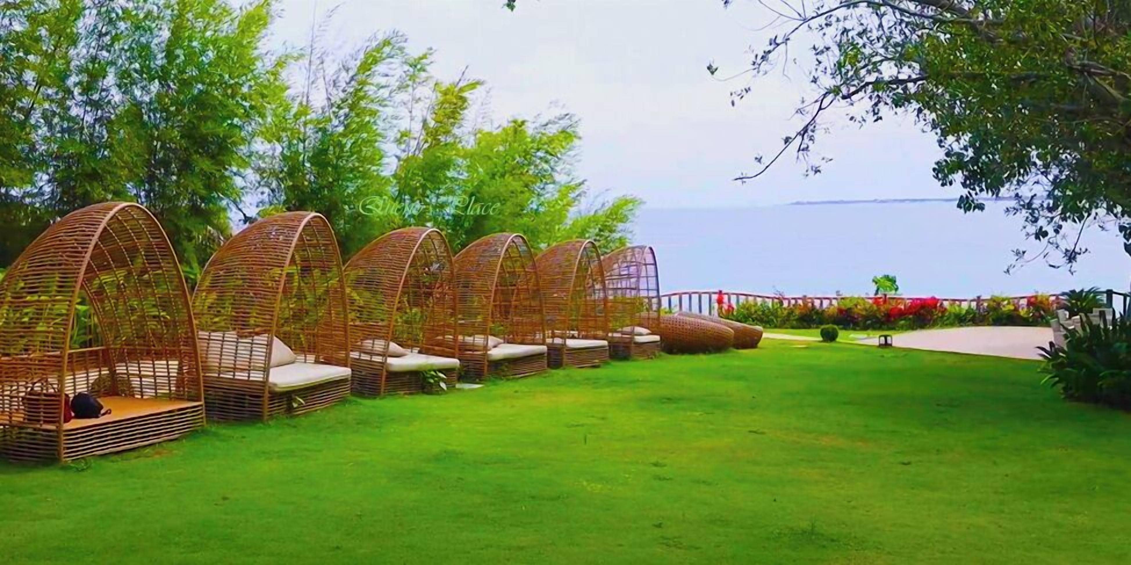 Des fauteuils de jardin en osier, disposés en rangées sur une pelouse verdoyante, offrent une vue sur la mer.