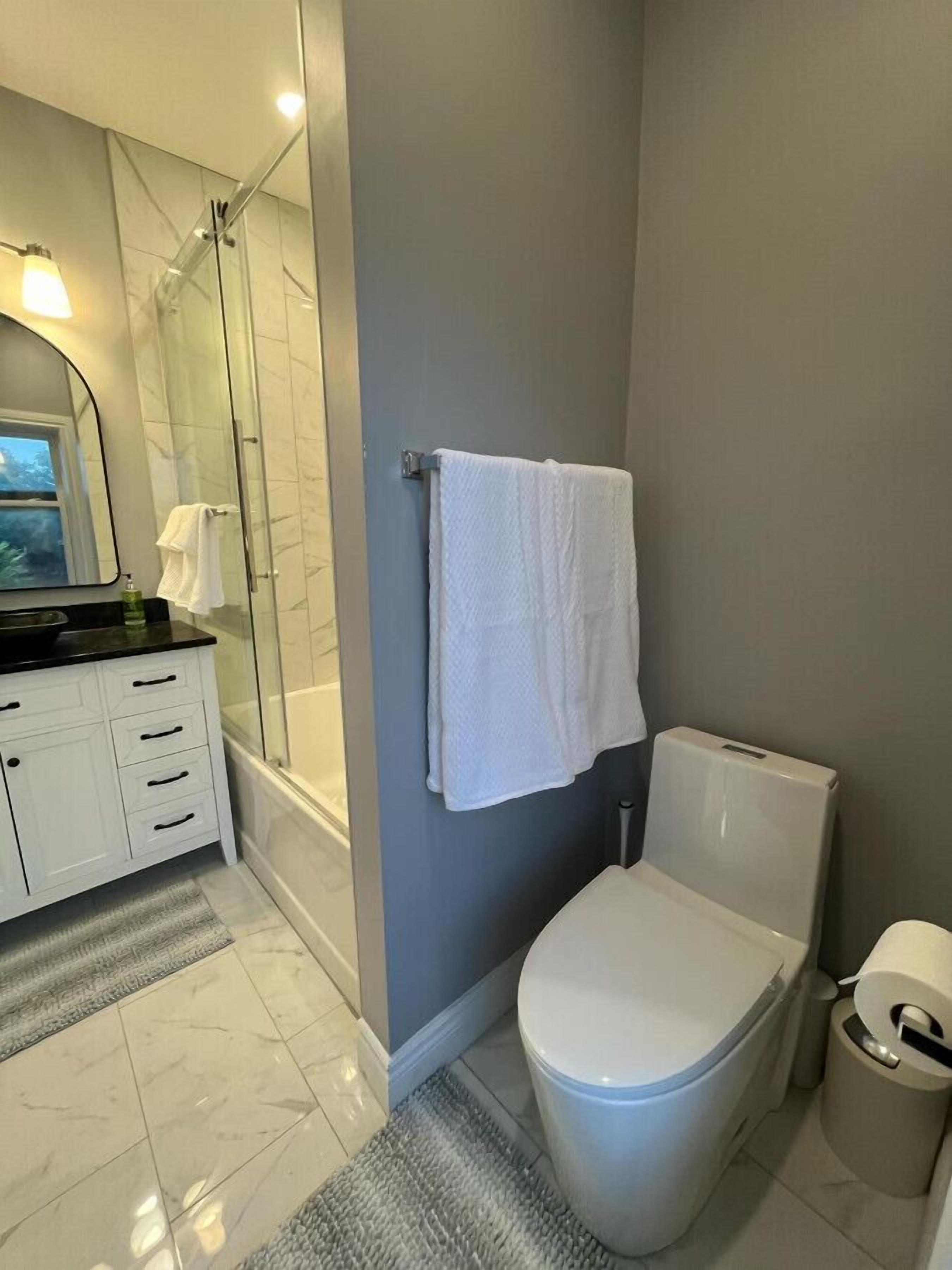 A modern bathroom with a glass shower enclosure, a white toilet, and a vanity with a mirror.
