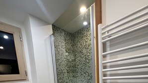 A bathroom with a shower, a toilet, and a radiator. - Apartment 'Au Soleil' with Mountain View, Private Garden and Wi-Fi (seez)
