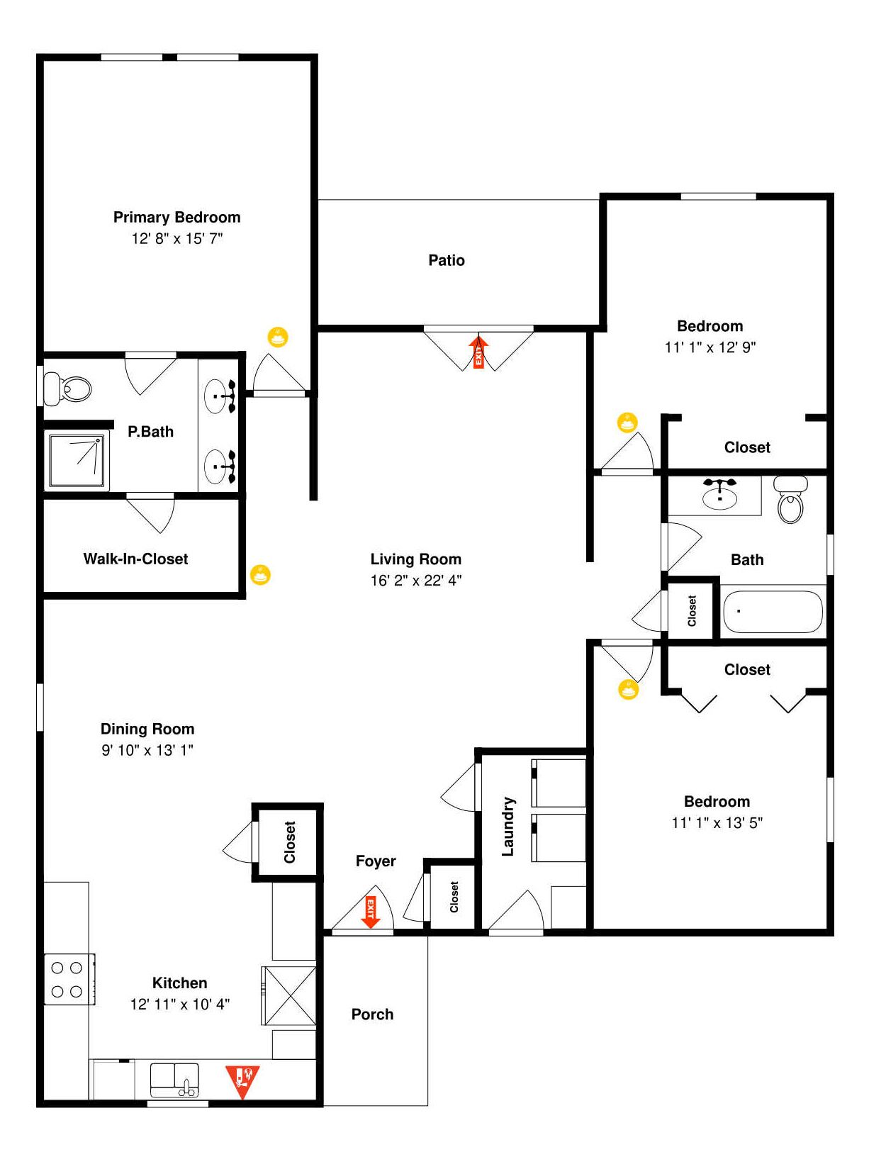 Plànol d'una casa que mostra un dormitori principal, un patí, menjador, cuina, sala d'estar, dos dormitoris addicionals, dos banys i un vestíbul.
