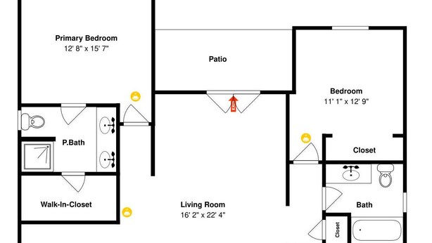 A floor plan with a primary bedroom, patio, dining room, kitchen, living room, two bedrooms, two bathrooms, and a foyer.