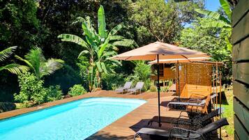 Outdoor pool, pool umbrellas, pool loungers