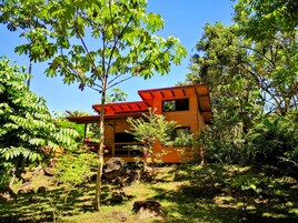 Un edificio moderno de madera con techo inclinado, rodeado de abundante follaje y árboles.