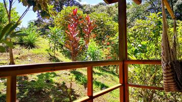 A wooden deck with a view of a lush garden.