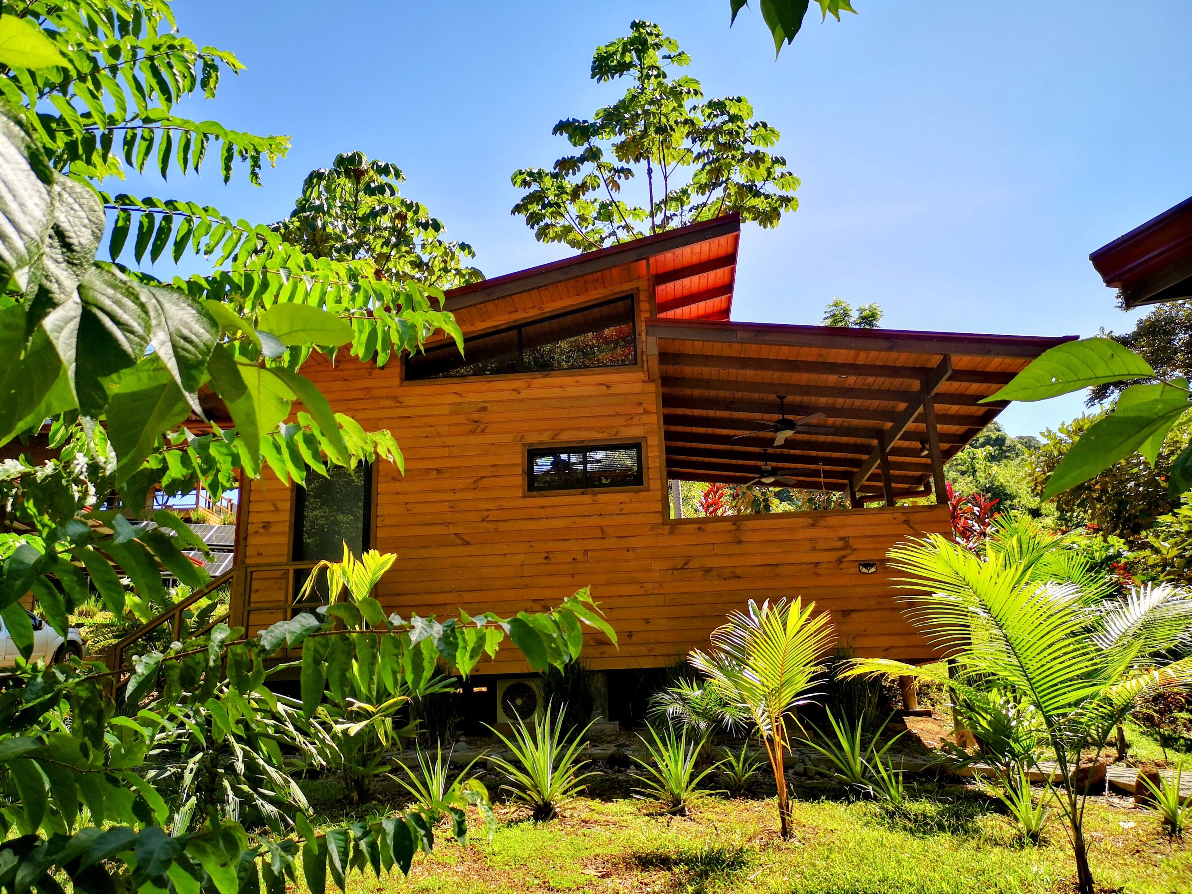 A wooden house with a sloped roof, surrounded by lush greenery and a clear blue sky.