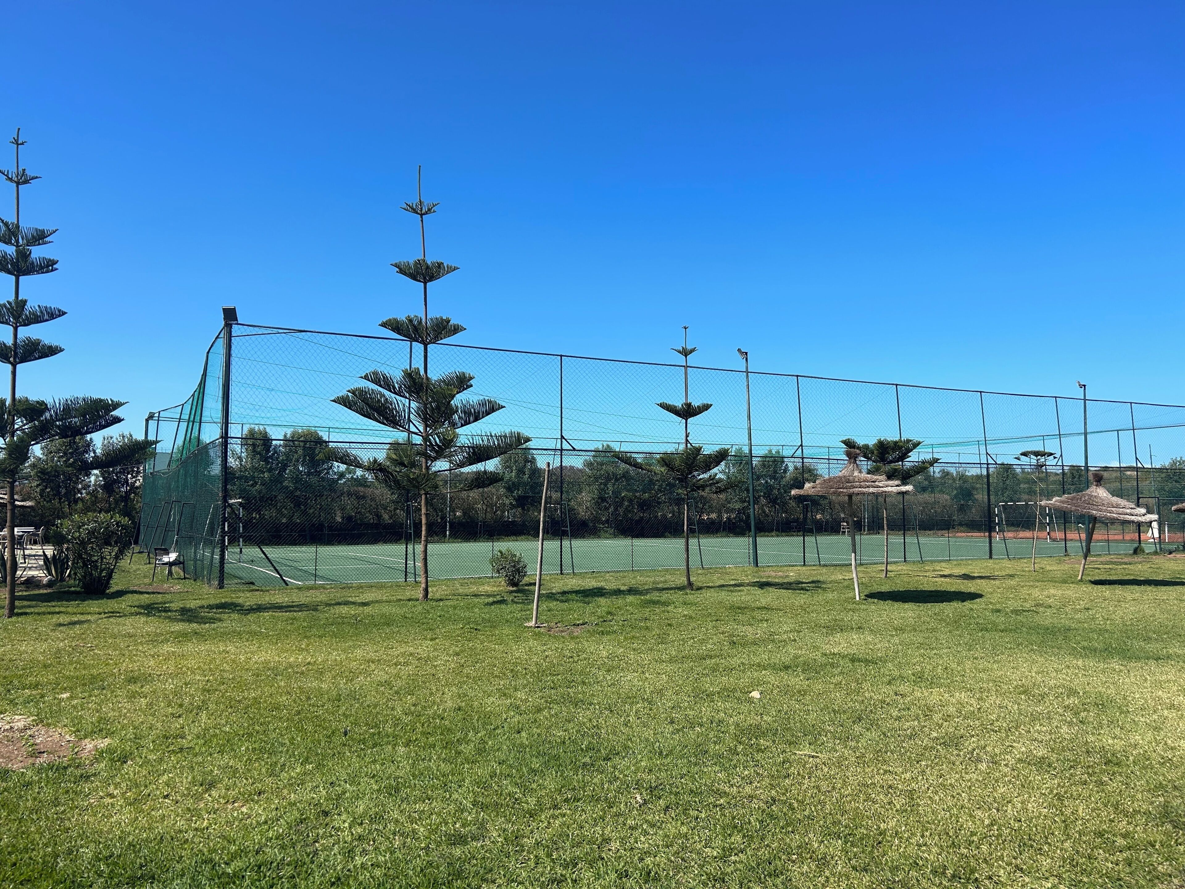 Una cancha de tenis con una red, rodeada por una valla y árboles.