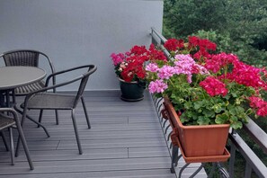 Un balcón con una mesa y sillas, plantas en macetas con flores rojas y rosas, y una barandilla.