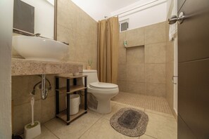 Shower, towels, soap, toilet paper