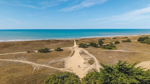 Un sentiero sulla spiaggia che conduce verso l'oceano, con poca vegetazione e cielo sereno.
