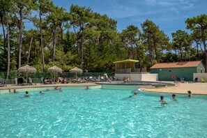 Une piscine entourée d’arbres, avec des chaises longues et des parasols.