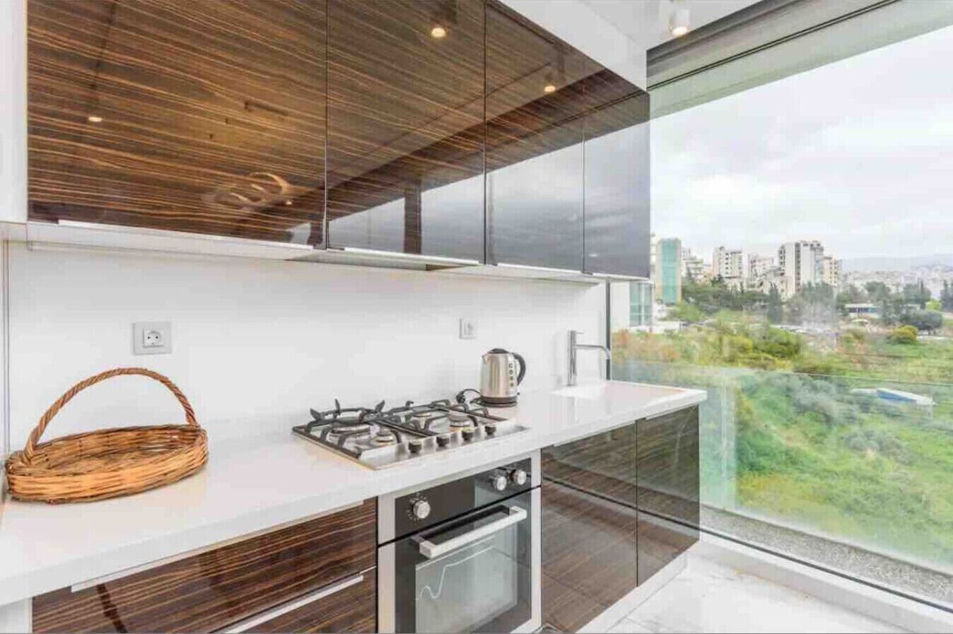 Uma cozinha moderna com fogão a gás, forno e uma grande janela com vista para a cidade.
