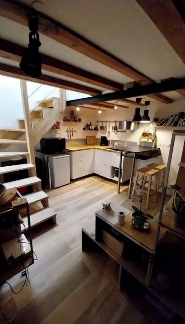 Fridge, microwave, stovetop, cookware/dishes/utensils - Charming duplex apartment in the heart of Toulouse (Toulouse)