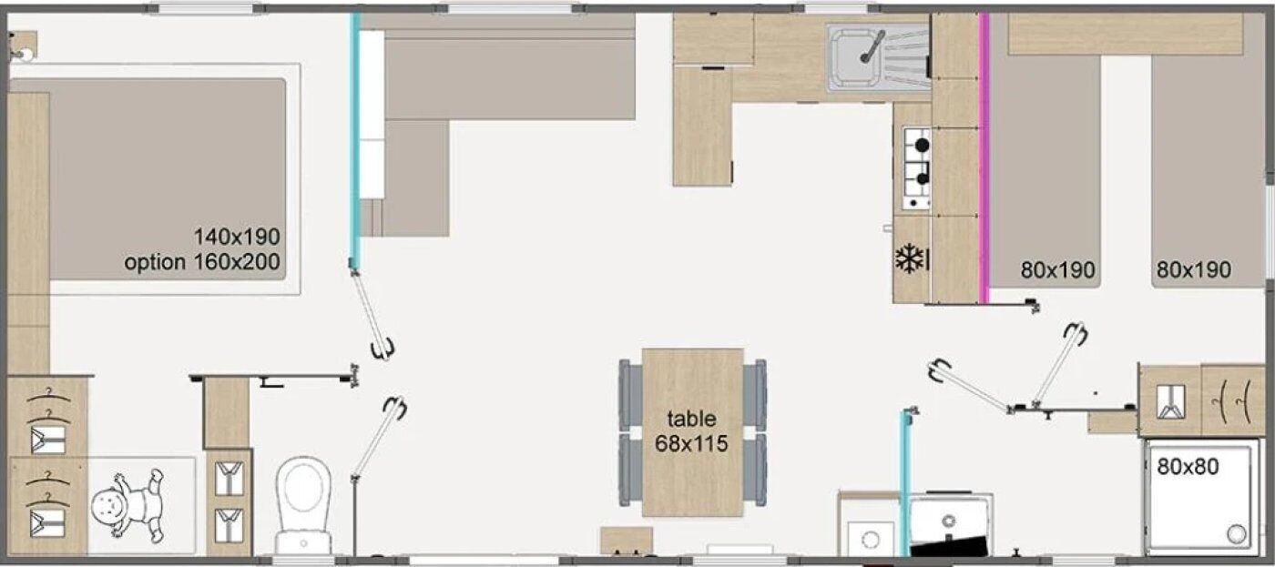 Planta de cozinha com uma mesa (68x115), duas pias (80x190) e uma opção de 140x190.