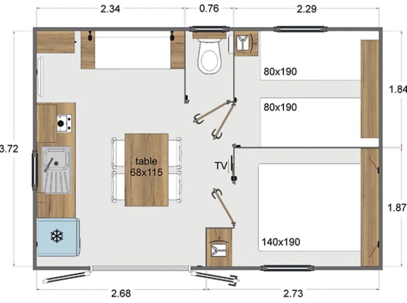 Et 68x115 cm bord i et kompakt køkkenområde med 140x190 cm bordplads, et 2,34 m x 2,29 m badeværelse og en 2,73 m x 2,68 m stue.