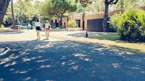 Un chemin pavé mène à un bâtiment sur lequel est apposée une enseigne indiquant « DOMAINE DES PINS ».