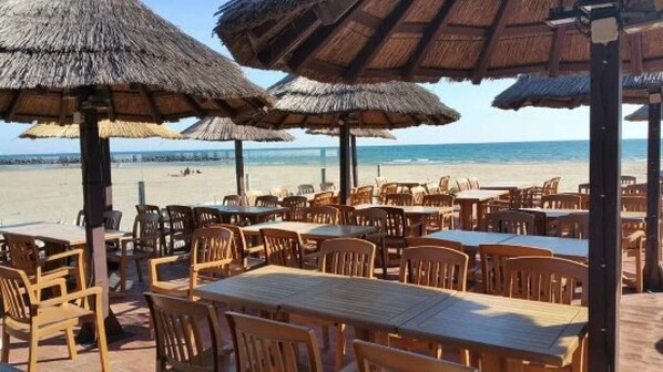 Un espace extérieur aménagé avec des tables et des chaises en bois, des parasols en chaume et une vue sur la plage et l’océan.
