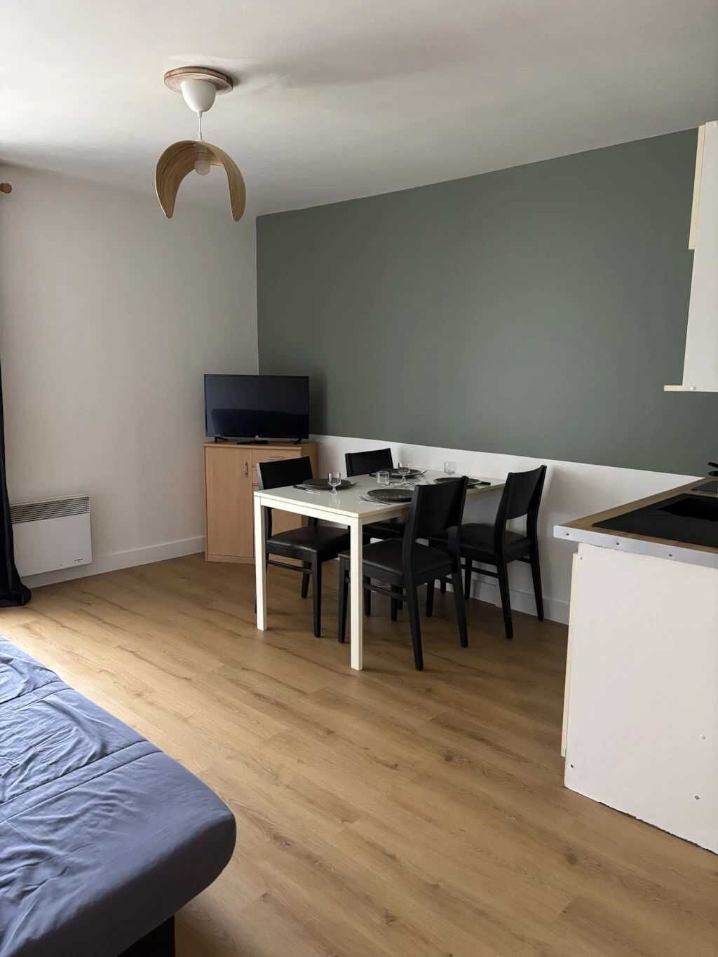 Une pièce de taille modeste comprenant une table à manger, des chaises, un téléviseur posé sur un meuble et un lit.