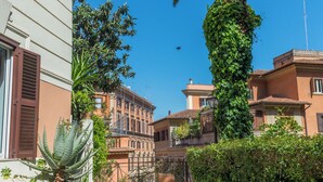 Une rue étroite, avec un palmier et une plante d’aloès à gauche, un immeuble doté de balcons à droite, et un ciel bleu dégagé.