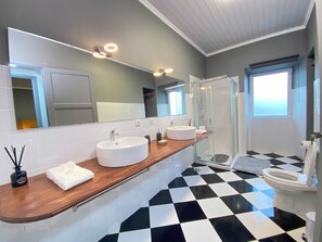 Shower, hair dryer, towels, soap