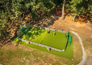 An aerial view of a fenced sports court with a green surface, surrounded by trees.