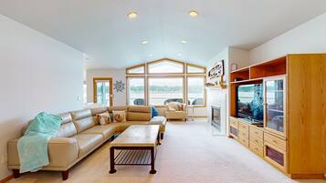 Een televisie, een open haard, een dvd-speler en boeken