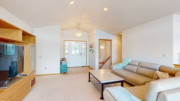 TV, fireplace, DVD player, books