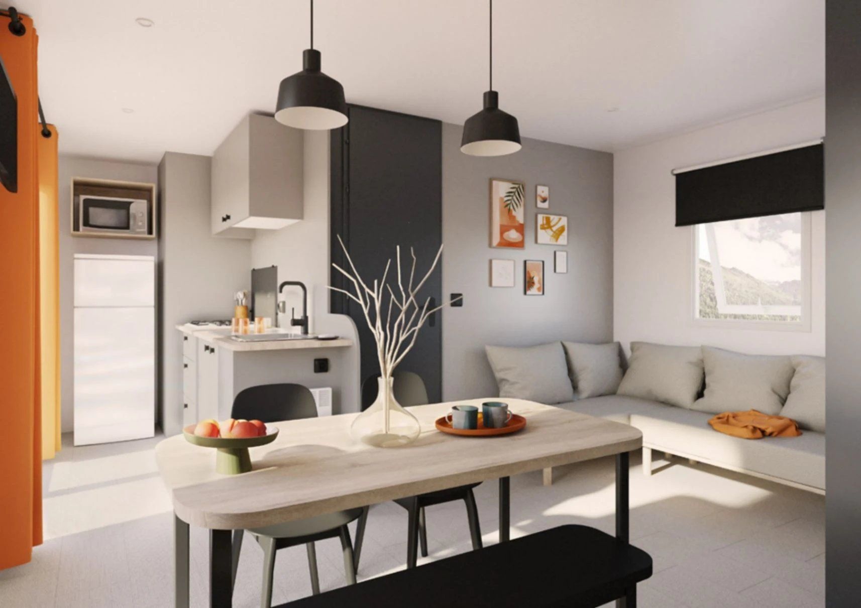 Une cuisine moderne avec un coin repas, un four encastré et un espace détente avec un canapé et une fenêtre.