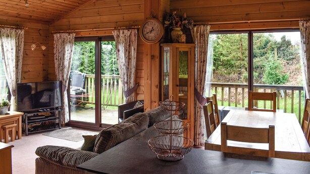 Interior acogedor de una cabaña con techo de madera, televisor, mesa de comedor y sofá.