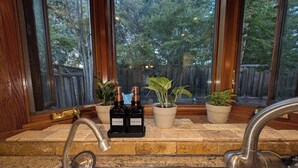 A kitchen with a sink, two bottles of soap, and potted plants on a windowsill.