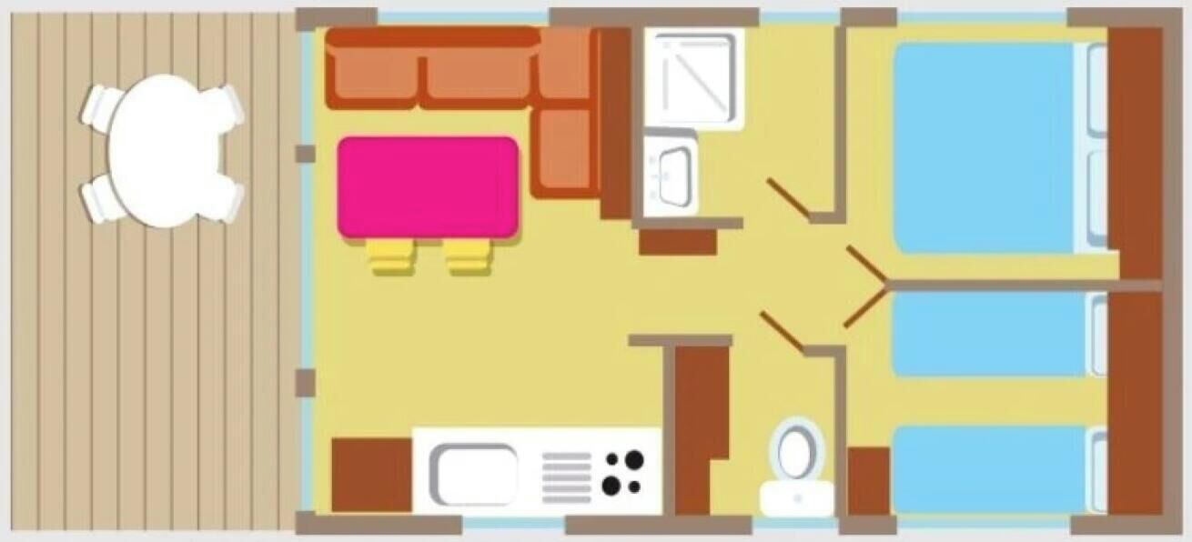 Plano de un cuarto de hotel con cama, escritorio, silla, baño pequeño y ventana.