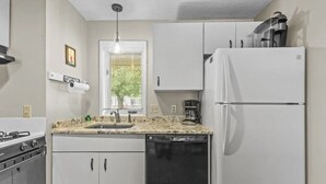 Una cocina compacta con estufa a gas, un lavamanos, lavavajillas y refrigerador.