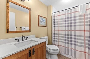 Secadora de cabello, toallas, jabón, papel de baño 