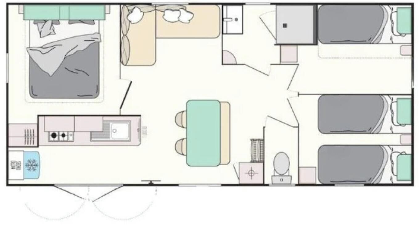 Distribución de una habitación de hotel con cama, escritorio, silla, una mesita, armario y baño.