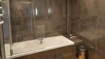 Hair dryer, towels, soap, toilet paper