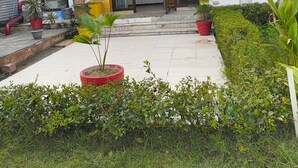 A two-story building with a curved yellow and blue facade, a glass entrance, and a small garden area with potted plants. - Hotel A.D. Residency By Reverie (Agra)