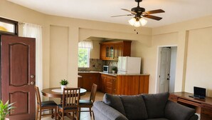 A living room with a sofa, a dining table with chairs, a kitchen area with cabinets and appliances, and a ceiling fan.