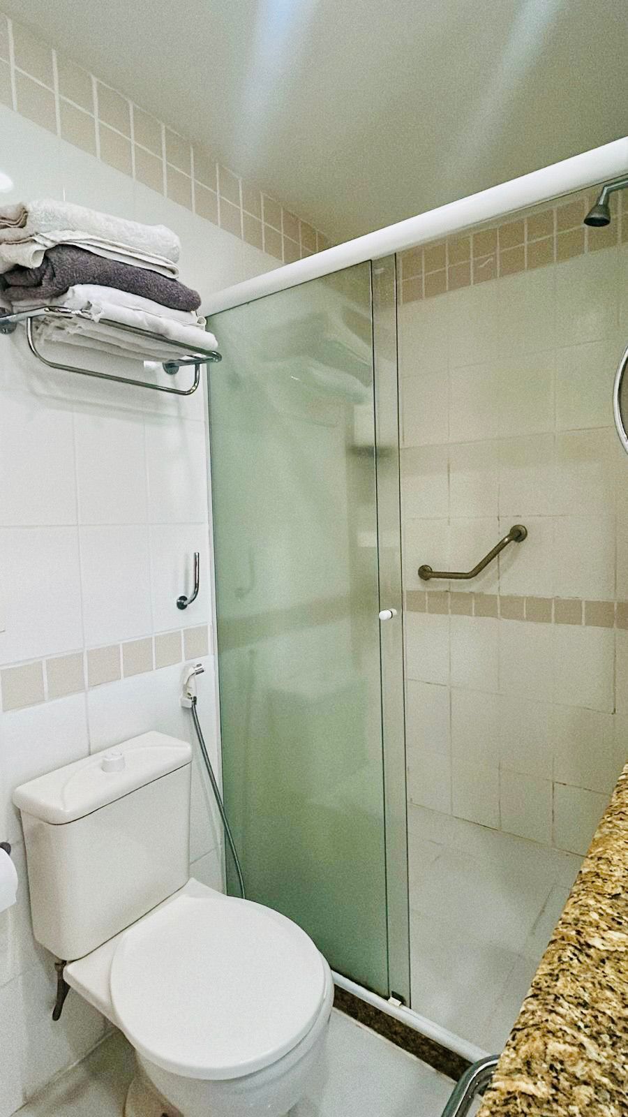 A bathroom with a glass shower enclosure, a toilet, and a towel rack with folded towels.