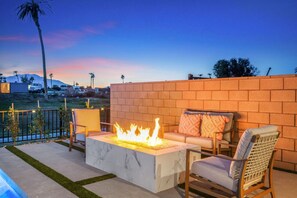 Terrace/patio - Desert Escape. New Luxury Pool Home! Walk to Coachella! (Indio)