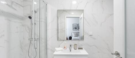 Shower, hair dryer, towels