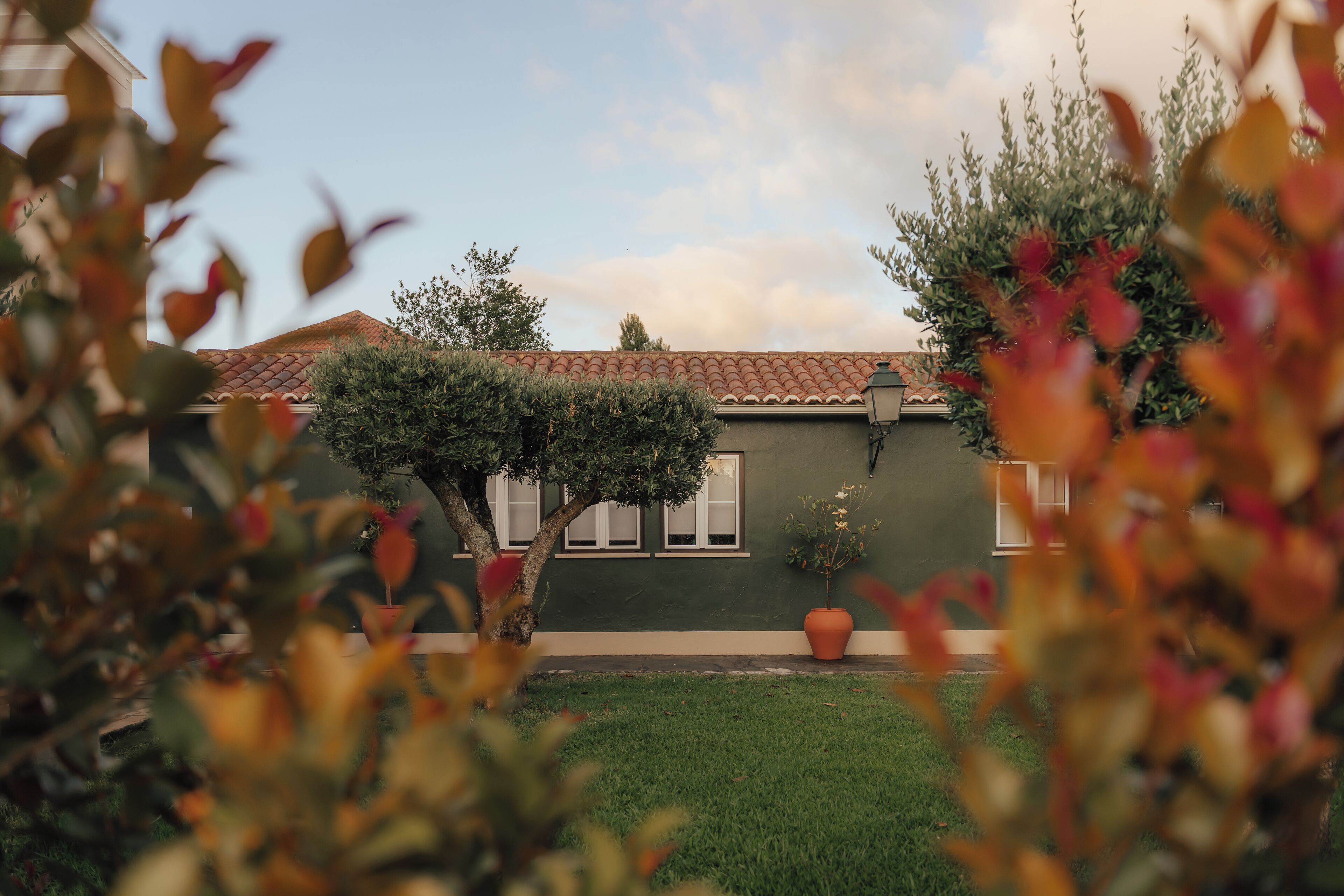 A building with a green facade, a tiled roof, and a well-maintained lawn.