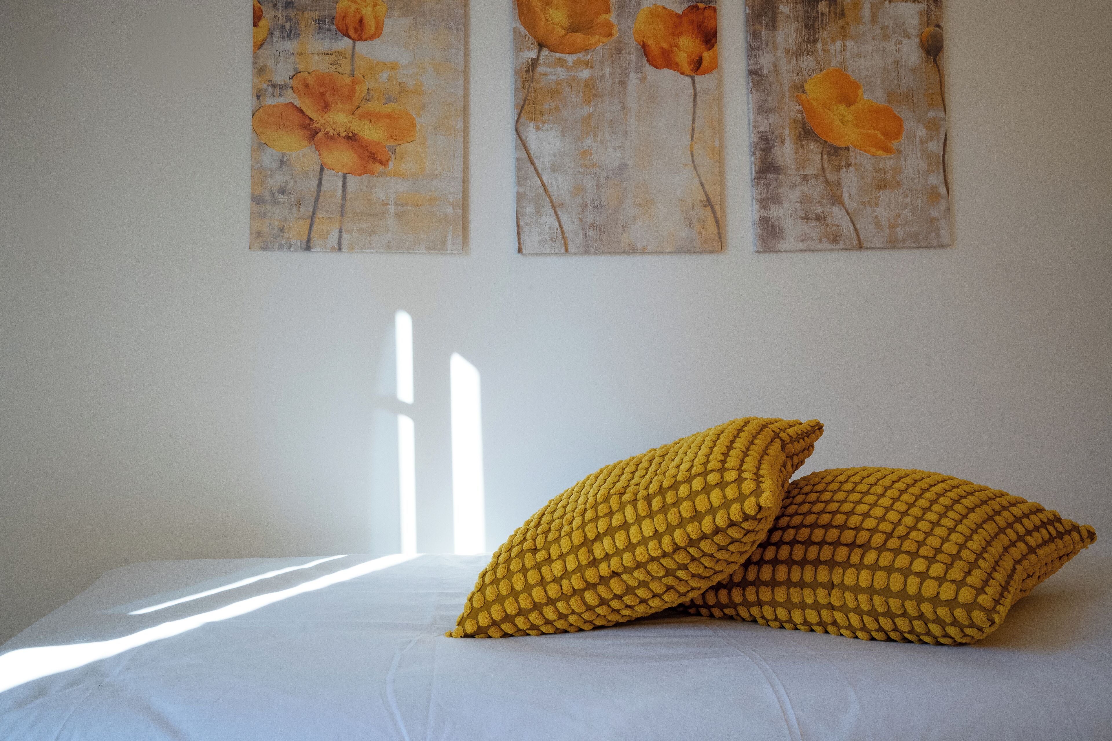 A bedroom with a bed, two pillows, and three paintings on the wall.