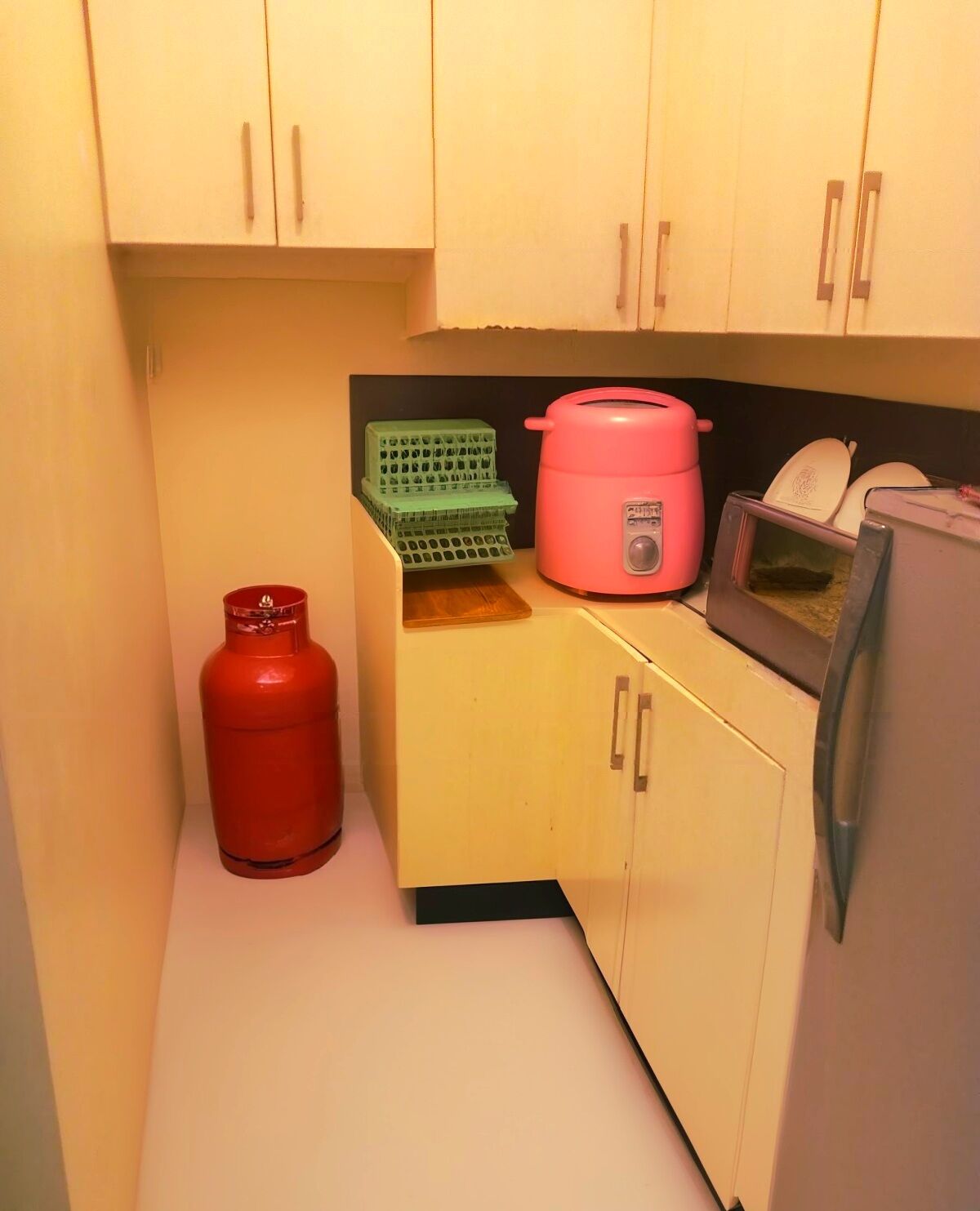 A compact kitchen with cabinets, a gas cylinder, a pink slow cooker, a microwave, and a green dish rack.