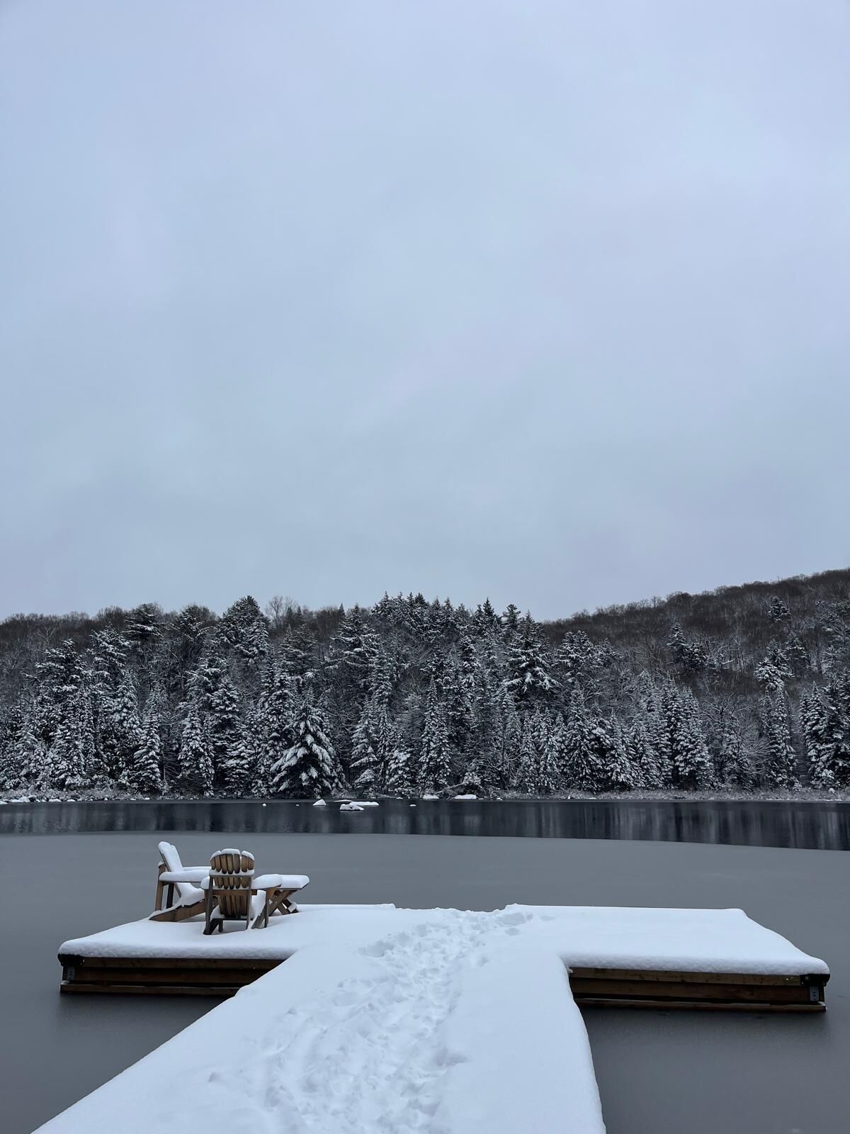Una terraza cubierta de nieve con un banco y sillas, con vistas a un área boscosa.