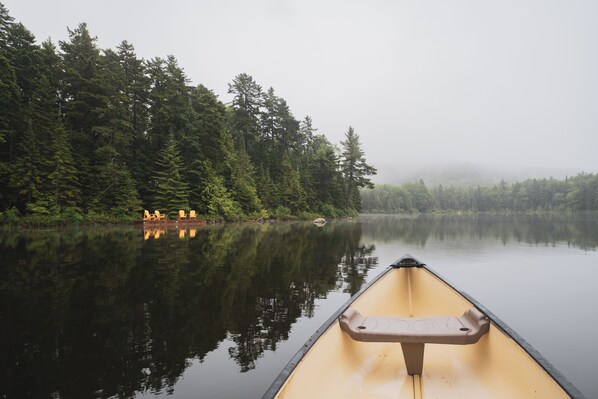 Una canoa sobre aguas tranquilas, con un denso bosque en la orilla.