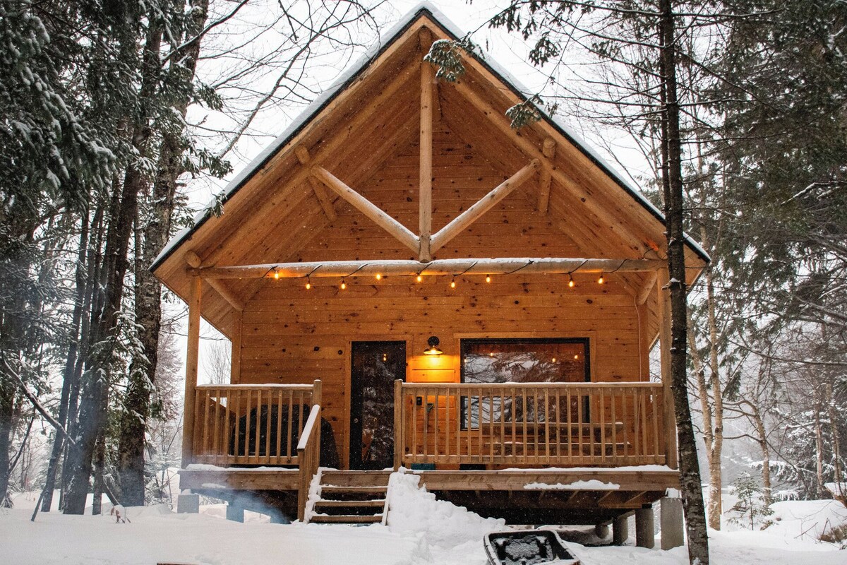A wooden cabin with a porch, surrounded by snow-covered trees.